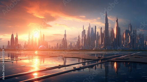 representation of a futuristic cityscape at sunrise AI generated illustration