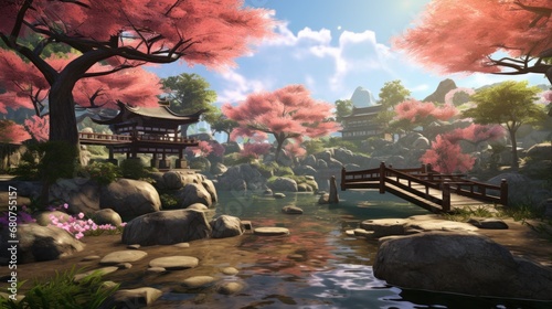 scene featuring a serene Japanese garden in spring AI generated illustration