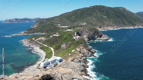 Aerial drone shot of a rocky mountain geological formations in Hong Kong Cape D Aguilar with ocean view on sunny near Stanley, Shek O and Repluse Bay photo