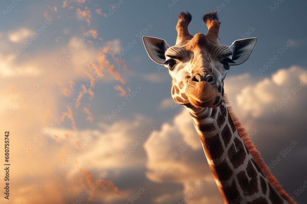 A Majestic Giraffe's Face Peering Through the Clouds. A close up of a giraffe's face with clouds in the background