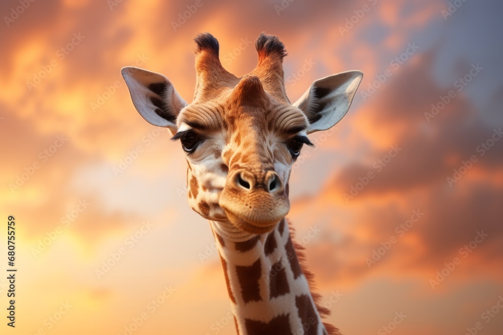 Fototapeta premium A Majestic Giraffe Against a Cloudy Vibrant Sky. A close up of a giraffe with a colourful cloudy background.