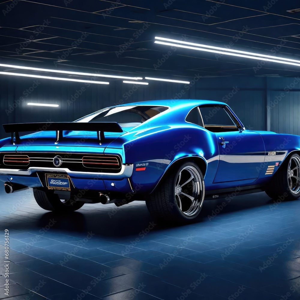 Fototapeta premium scenery Blue and black muscle car with license plate -TRANS- on front Camera Shot 53.