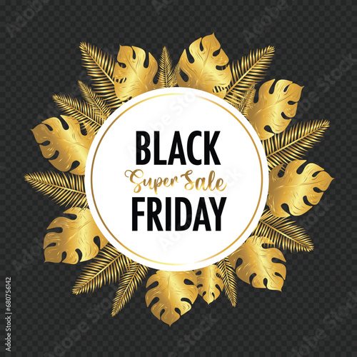 Vector Black Friday Frame with Shiny Fortuna Gold Tropical Palm, Cypress Leaves Frame Neon Magenta and Blue Palm Leaves Round Frame Modern and Trendy Super Sale on a Shopping Round Banner Template