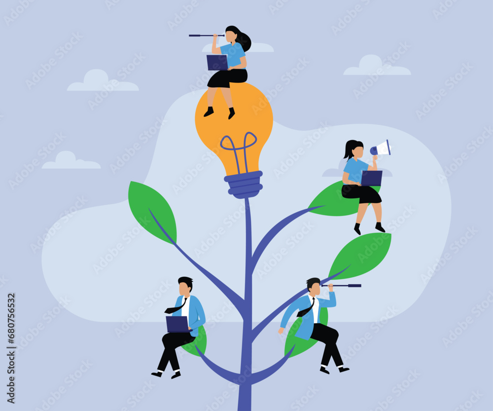 Creative business team working together on top of a tree Creative business team working together on top of a tree