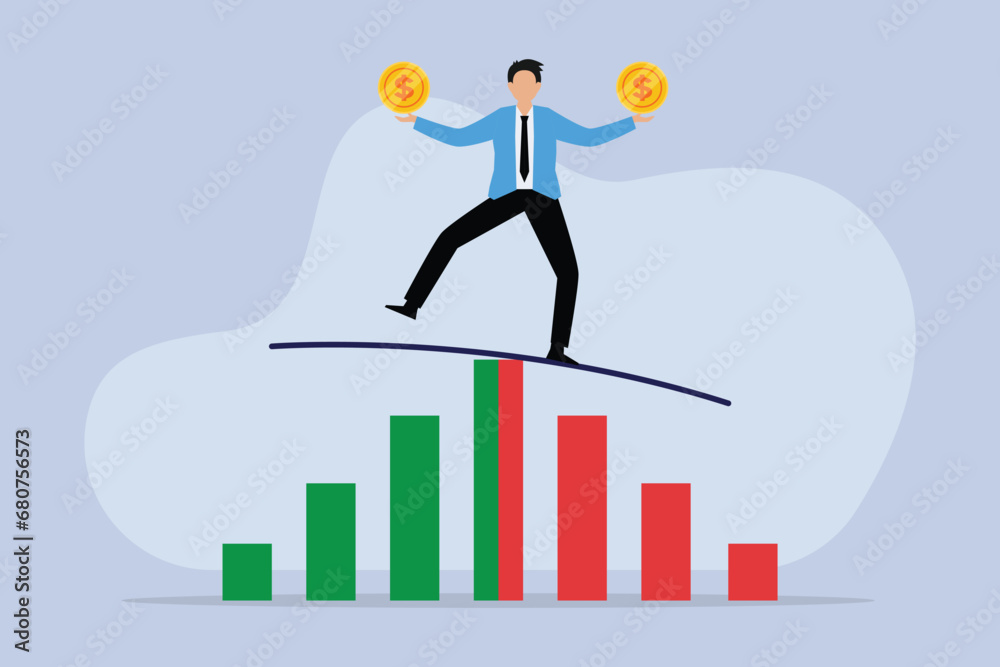 Businessman balances on a bar graph on a stick while holding two coins Businessman balances on a bar graph on a stick while holding two coins