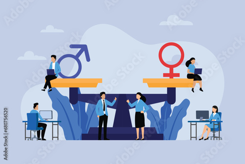 Businessman and businesswoman sitting on balancing scale working together photo