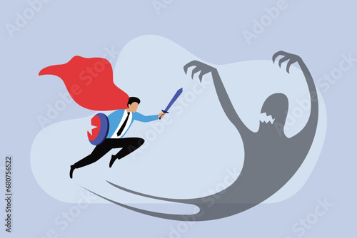 Businessman fighting his own shadow with a shield and sword