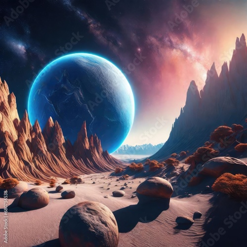 scenery Abstract planet with a view to the galaxy  mythical landscape Camera Shot 45.