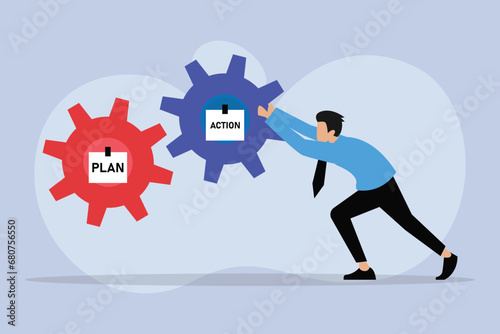Businessman pushes action and plan cogs