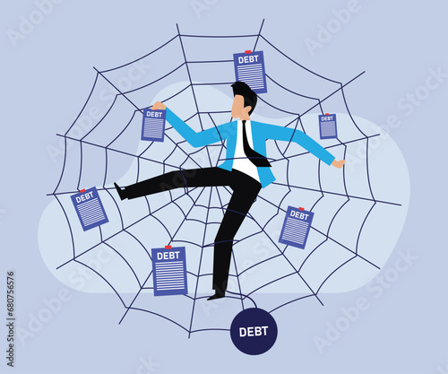Businessman stuck in a cobweb around debt papers