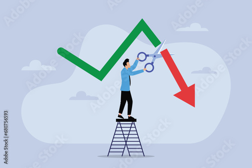 Businessman on a ladder cuts down arrow with a scissor