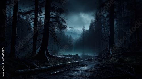 n atmospheric  rendering of a haunted forest at night  AI generated illustration