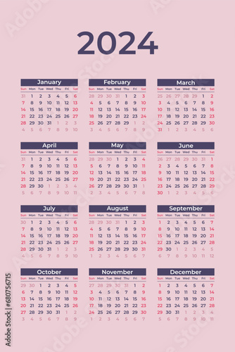 Calendar 2024 vector illustration start week from sunday, elegant pastel colour