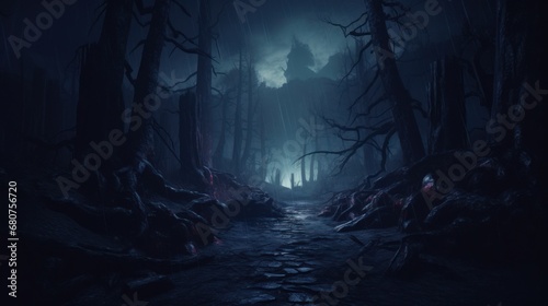 n atmospheric  rendering of a haunted forest at night  AI generated illustration photo