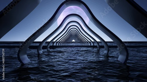 Movement on aluminum metal structure in the blue sea with clear sky, unreal seascape and horizon over water in futurological animated video clip photo