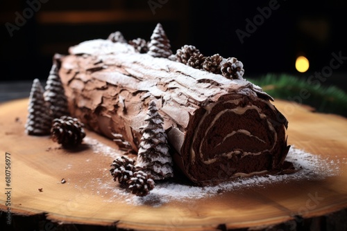 Classic Yule log cake with a dusting of powdered sugar AI generated illustration