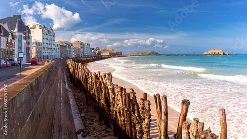 Fort National and beach at high tide, in beautiful walled port city of Saint-Malo, Brittany, France © Kavalenkava