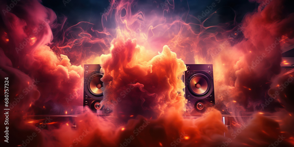 Smoke swirling around a state of the art speaker in a lively nightclub