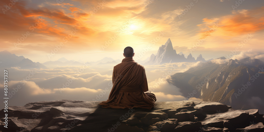 Obraz premium Monk in deep meditation atop a serene mountain peak