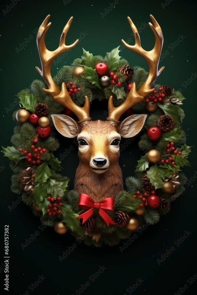 High-quality  image of a reindeer with a Christmas wreath around its neck  AI generated illustration