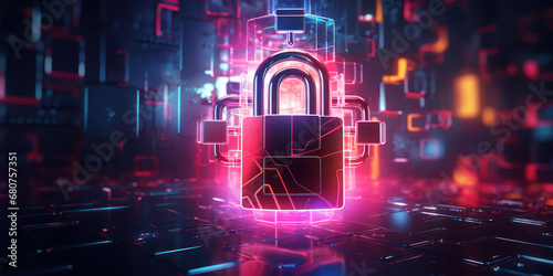 An advanced padlock set in the foreground of a futuristic digital backdrop