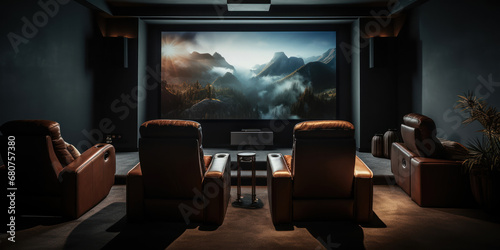 Home cinema arrangement with sleek chairs and a modern projector photo