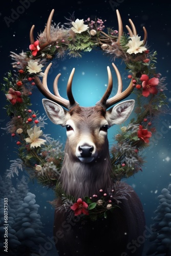 High-quality image of a reindeer with a Christmas wreath around its neck AI generated illustration