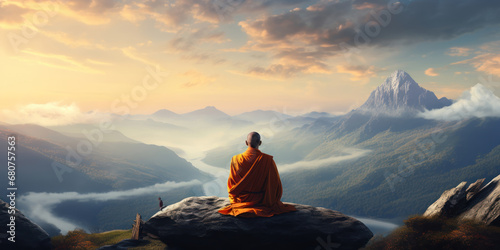 Monk in deep meditation atop a serene mountain peak © PRI