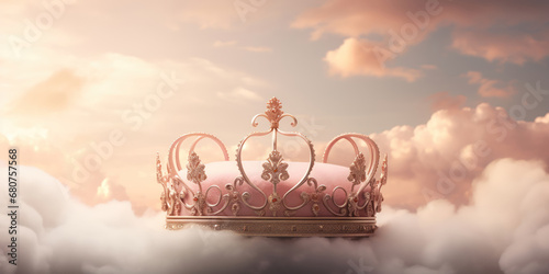 An ethereal scene of a regal crown resting atop a heavenly vista photo