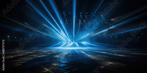 Blue beams and lights casting a vibrant glow on a stage setup