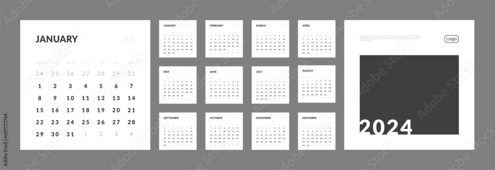 Set of monthly calendar planner page templates for 2024, cover with Place for Photo,Company Logo. Vector layout of wall or desk minimalist calendar in Square shape with week start on Monday for print Set of monthly calendar planner page templates for 2024, cover with Place for Photo,Company Logo. Vector layout of wall or desk minimalist calendar in Square shape with week start on Monday for print