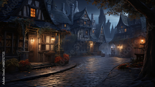 A fantasy village with a dark street with lots of buildings and lights