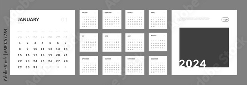 Set of monthly calendar planner page templates for 2024, cover with Place for Photo,Company Logo. Vector layout of wall or desk minimalist calendar in Square shape with week start on Monday for print