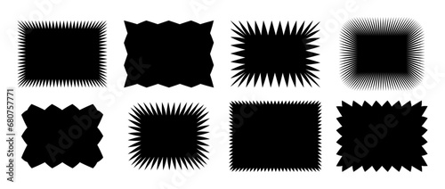 Zig zag edge rectangle shape collection. Jagged square elements set. Black graphic design element pack for decoration, banner, poster, template, sticker, badge, label, tag, flyer. Vector bundle