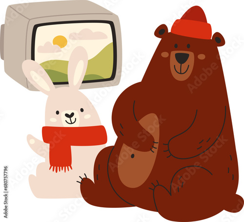 Bear And Rabbit Watching TV