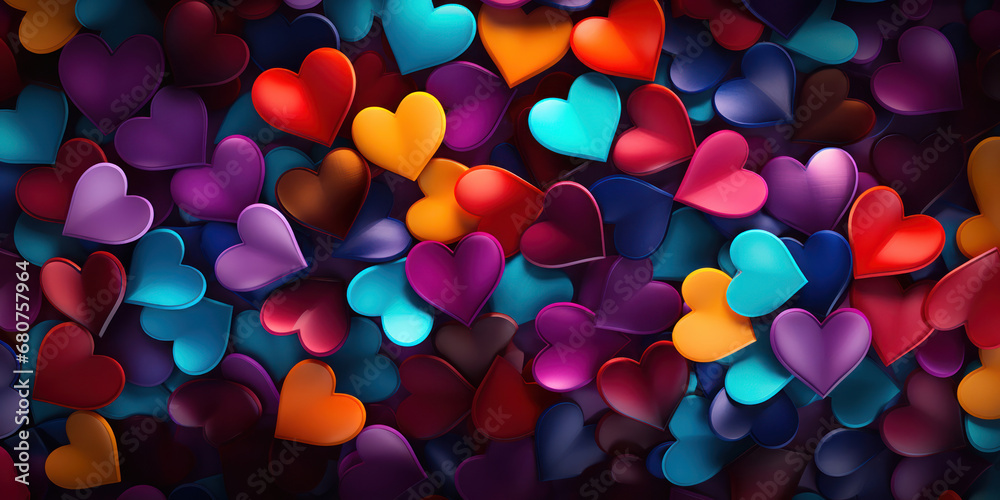 Multitude of vibrant hearts scattered across a dark, contrasting background