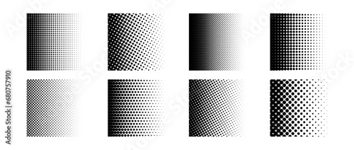 Different halftone gradient backgrounds set. Cartoon dots texture wallpaper collection. Black white comic design cover pack for banner, poster, print. Pop art dotted square illustration bundle. Vector