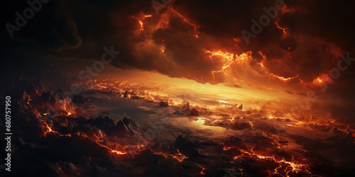 Dramatic depiction of the earth engulfed in flames and surrounded by fiery clouds
