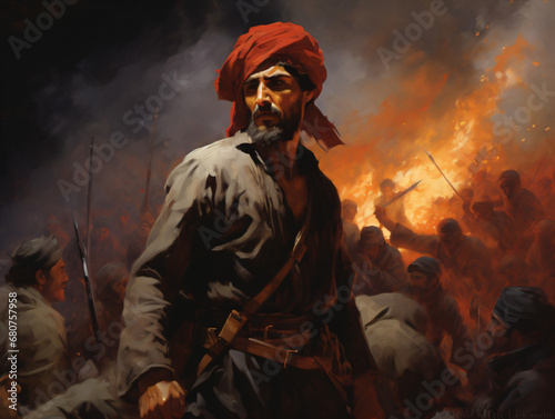 A soldier wearing a red turban standing in front of a fire