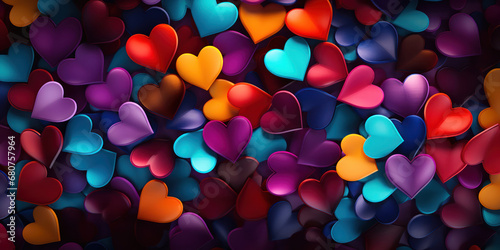 Multitude of vibrant hearts scattered across a dark, contrasting background