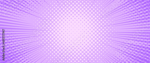 Purple radial dotted comic background. Speed lines wallpaper with pop art halftone texture. Anime cartoon rays explosion backdrop for poster, banner, print, magazine, cover. Vector lilac illustration
