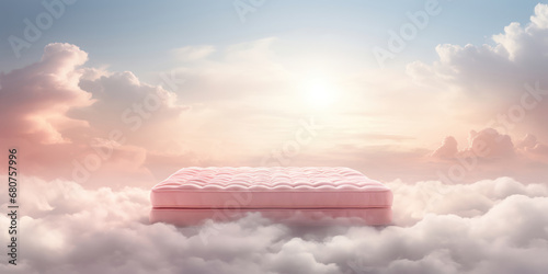 Dreamy scene with a mattress resting atop fluffy clouds photo