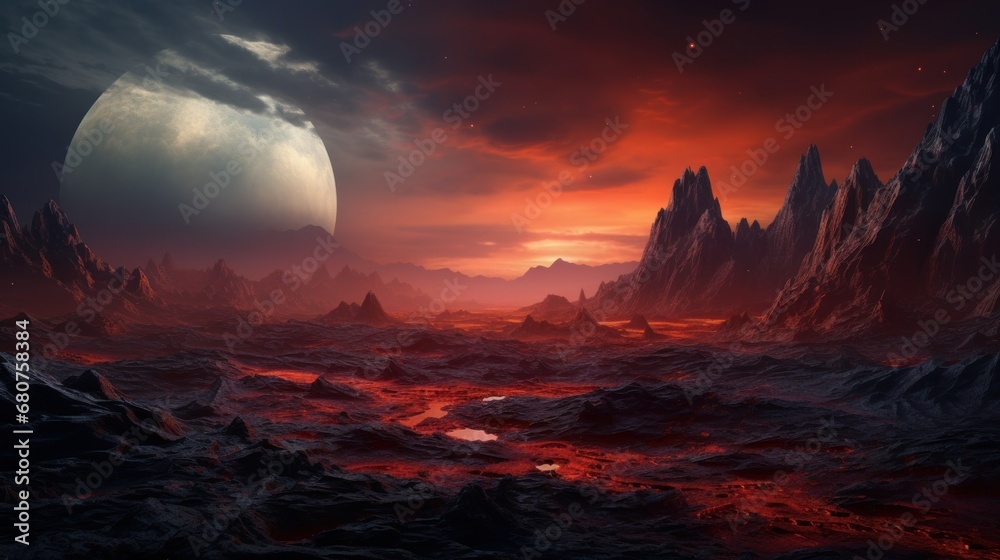 Sci-fi rendering of a distant alien planet landscape AI generated illustration Sci-fi rendering of a distant alien planet landscape AI generated illustration