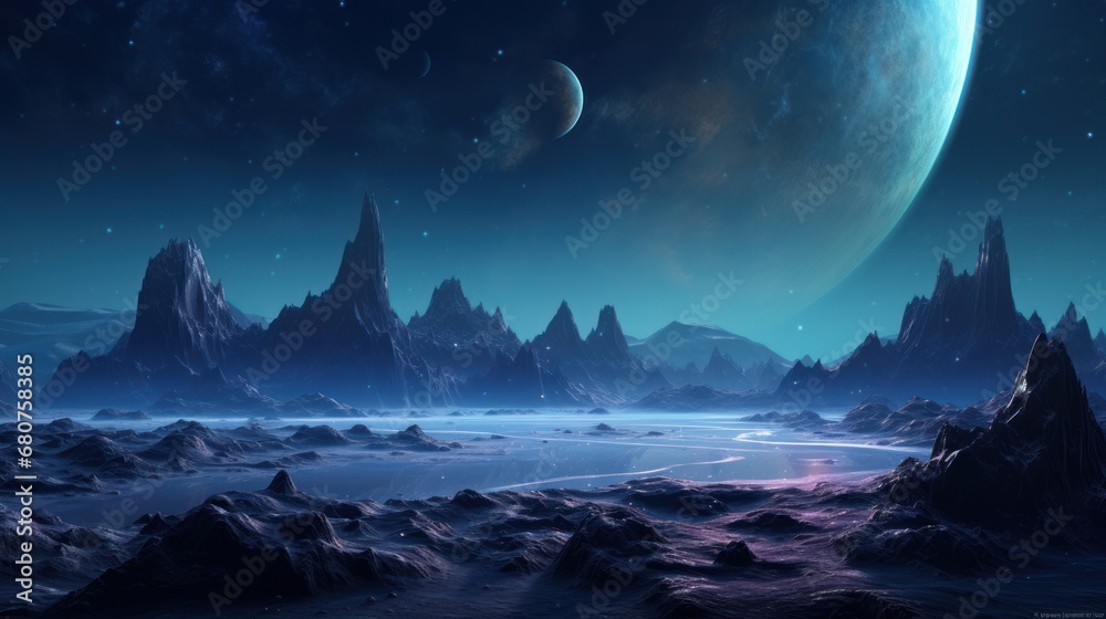 Sci-fi  rendering of a distant alien planet landscape  AI generated illustration