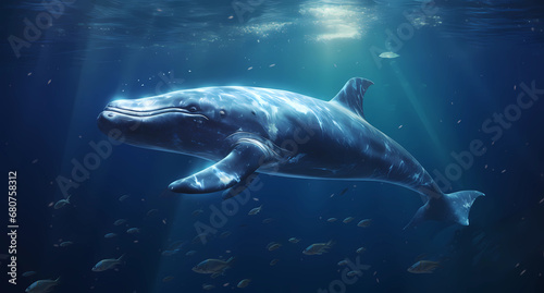 Sea mammal whale swims at night