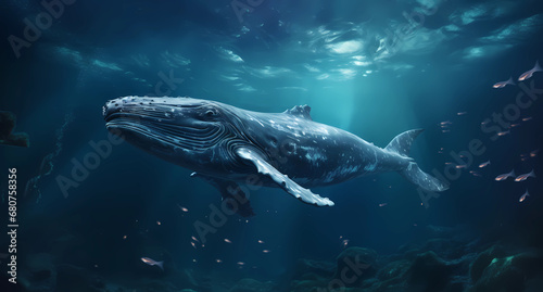 Sea mammal whale swims at night photo