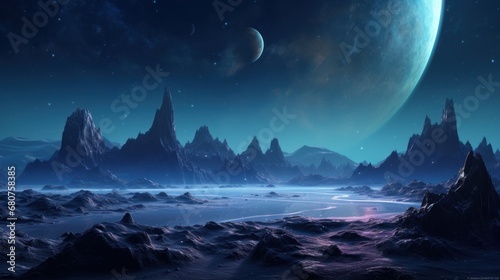 Sci-fi  rendering of a distant alien planet landscape  AI generated illustration © ArtStage