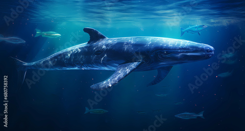 Sea mammal whale swims at night