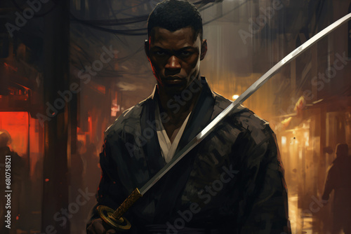A black man samurai holding a sword in his hand