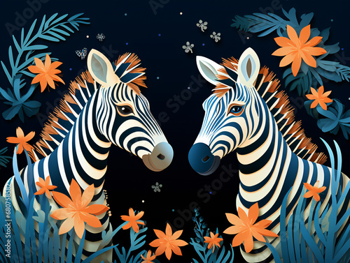 A couple of zebra standing next to each other at night flat design vector style illustration